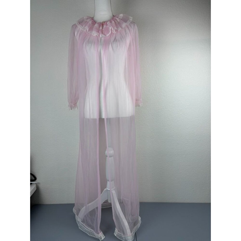 Vintage 1970's women's pink sheer robe nightdress overlay lingerie ruffle‎